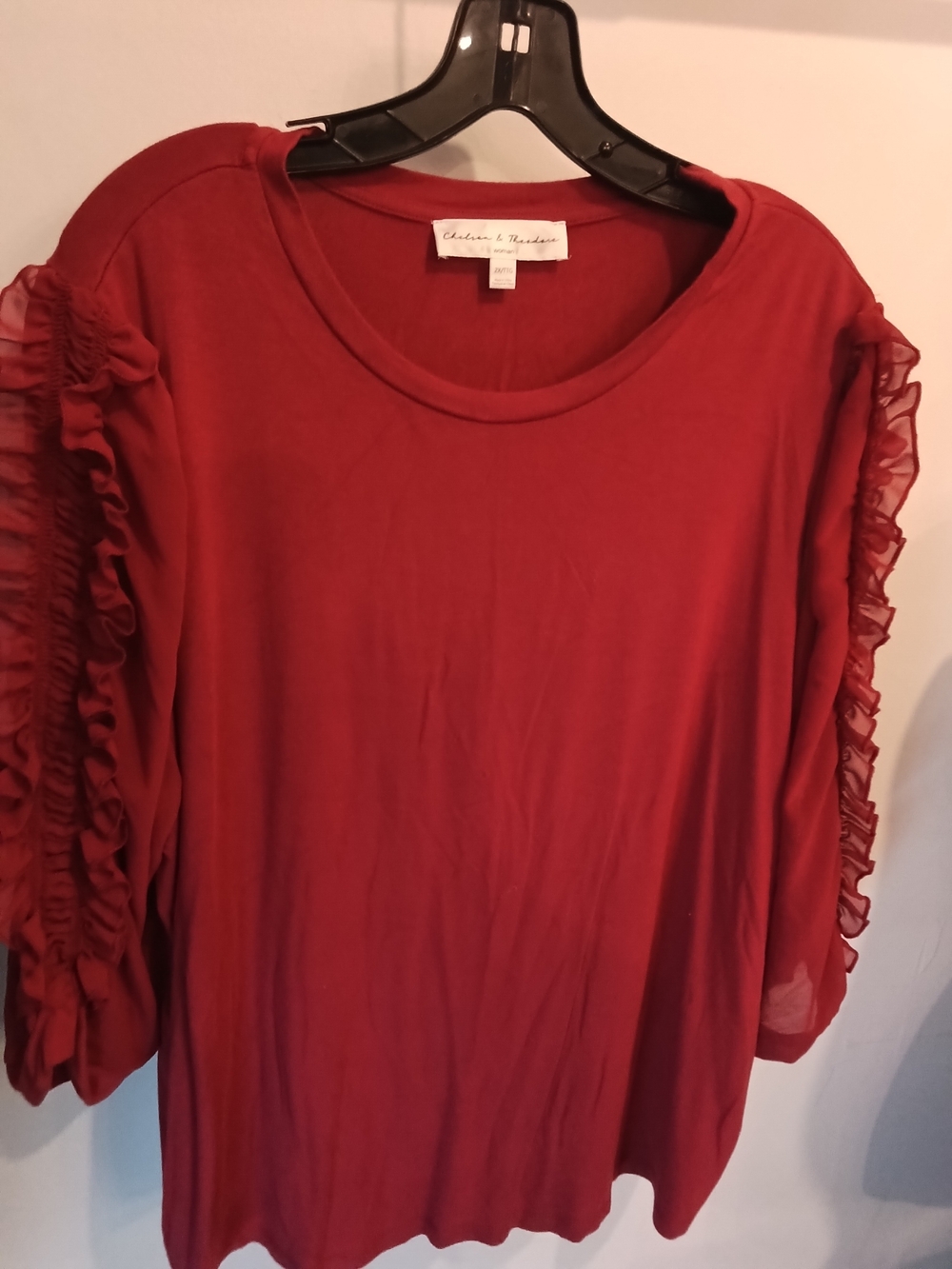 Chelsea & Theodore Red Burgandy Ruffle-Sleeve Long Sleeve Top